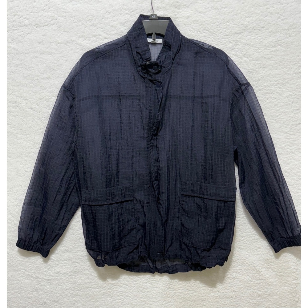 Chicos Dark‎ Navy Grid Sheer Lightweight Zip Up Jacket Women Size 2